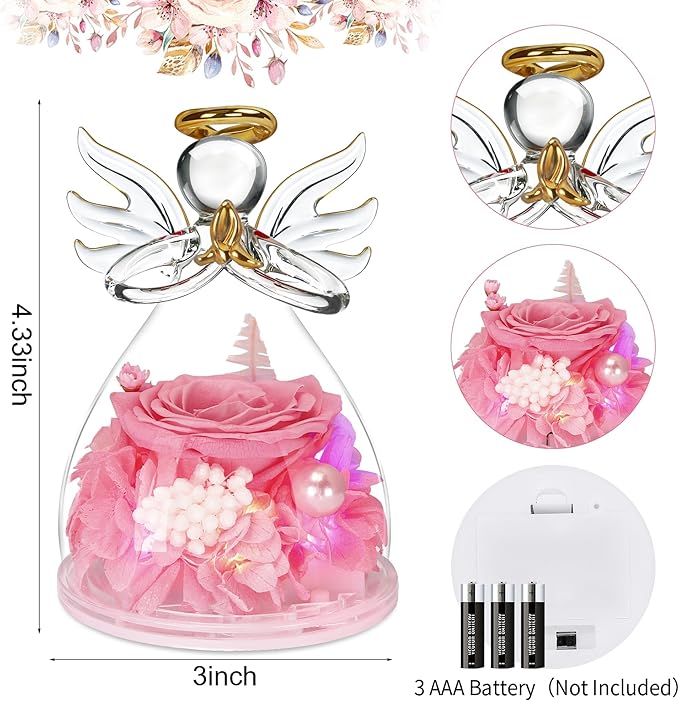 Mothers Day Mom Gifts for Mom,Fresh Flowers for Delivery,Birthday Gifts for Women Her,Preserved Flowers in Angel Figurines,Angel Gifts for Moms Mothers Day Grandma Wife Sister,Light Up Pink Gift