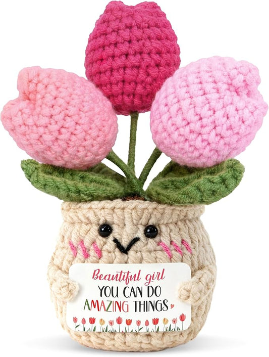 OASSIE Daughter Gifts from Mom - Positive Crochet Tulip - Mothers Day Graduation Encouragement Inspirational Birthday Gifts for Daughter Granddaughter, Emotional Support Crochet, Grad Gift for Friend