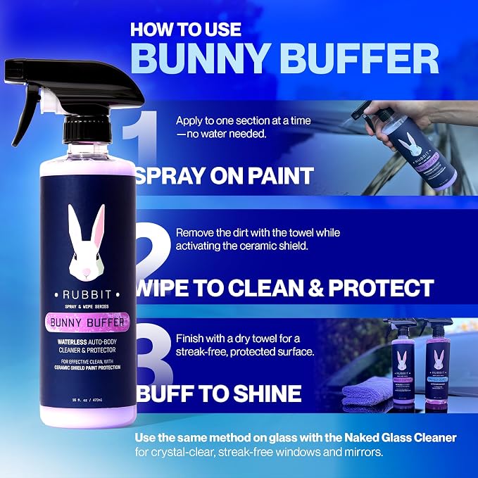 Bunny Buffer Bundle, Waterless SiO2 Ceramic Car Wash & Protect Kit with Auto Body Clean and Protect Spray, Glass Cleaner, & 4 Microfiber Towels, Spray and Wipe Car Detailing Kit, 6 Piece Set