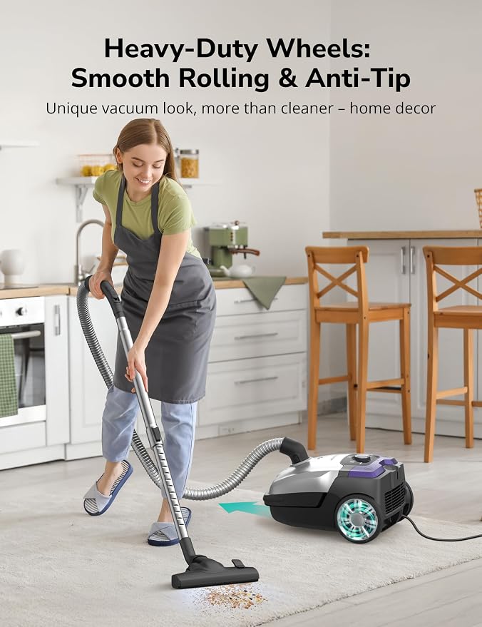 Aspiron Canister Vacuum,1700W/45KPA Bagged Vacuum Cleaner,6QT Large Capacity,Auto Cord Rewind,HEPA Filter,Low Noise,8M Cleaning Radius,Variable Power Control,Easy to Push,Hard Floor,Pet,Carpet