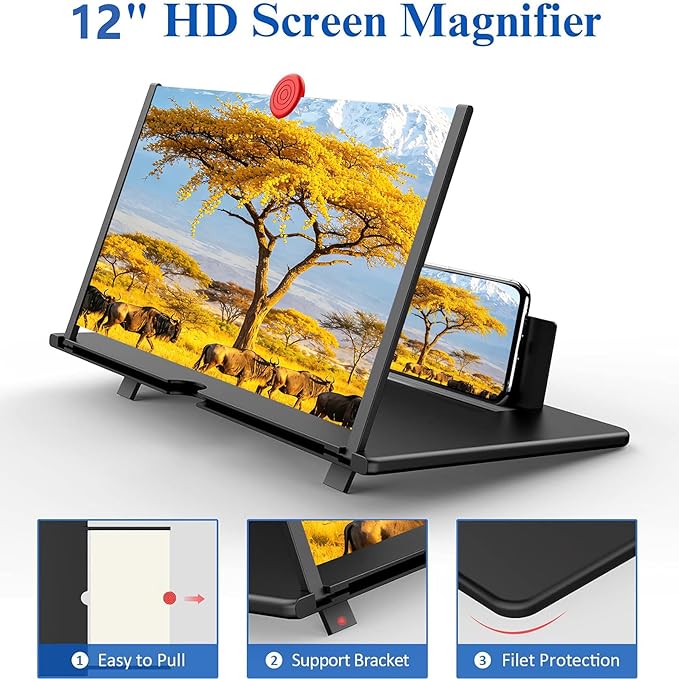12" Screen Magnifier,3D HD Mobile Phone Magnifier Projector Screen Enlarger for Movies, Videos, and Gaming,Foldable Cell Phone Stand with Screen Amplifier,Gifts for Mom Dad(Black, 12inch)