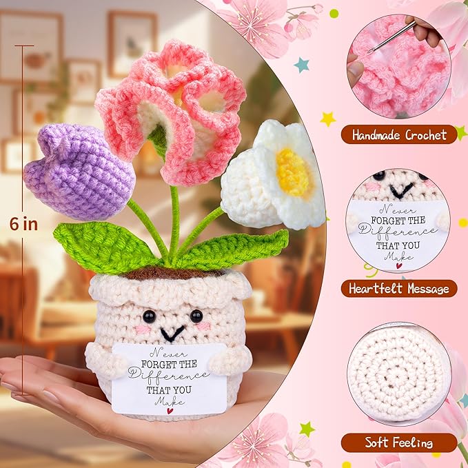 Teacher Appreciation Gifts, Thank You Teacher Gifts, Graduation Birthday Retirement Gift for Teachers Mentor Coworker Boss, Cute Handmade Crochet Carnations 3 Flowers Pot Doll Teacher's Day Bulk Gift