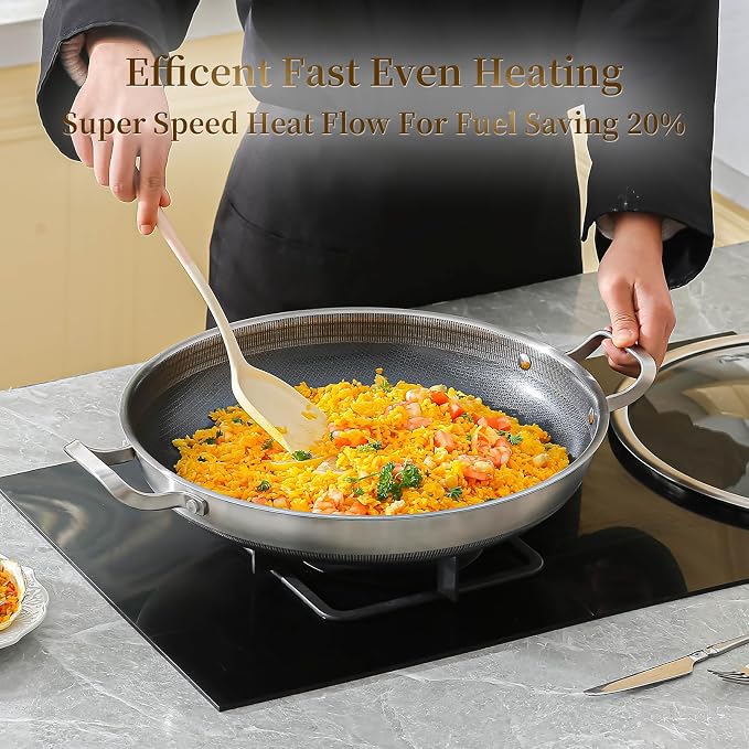 DELARLO Paella Pan 14 Inch Tri-Ply Stainless Steel Paella Pan with Lid Nonstick Frying Pan, Hybrid Induction Large Skillets,Great for Paella Parties Indoors Outdoors,Heavy Duty Style