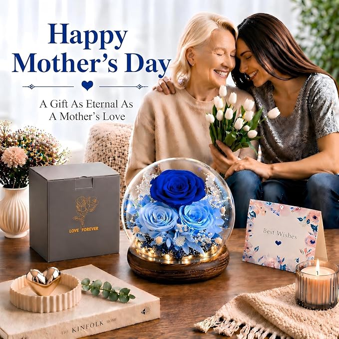 FIACO Gifts for Mom Mothers Day Birthday Gifts for Women Preserved Flowers in Glass Dome Long-Lasting Eternal Roses for Her Grandma Wife Girlfriend Blue Forever Flowers for Delivery Prime Anniversary