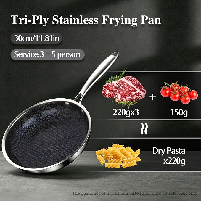 BRASA Nonstick Frying Pan 11.81-inch,Tri-Ply Stainless Steel Skillet,Honeycomb Ceramic Coating, Induction & All Cooktop Compatible,Dishwasher safe (PFOS, PFOA Free)(11.81 in+5.9 in trivet)