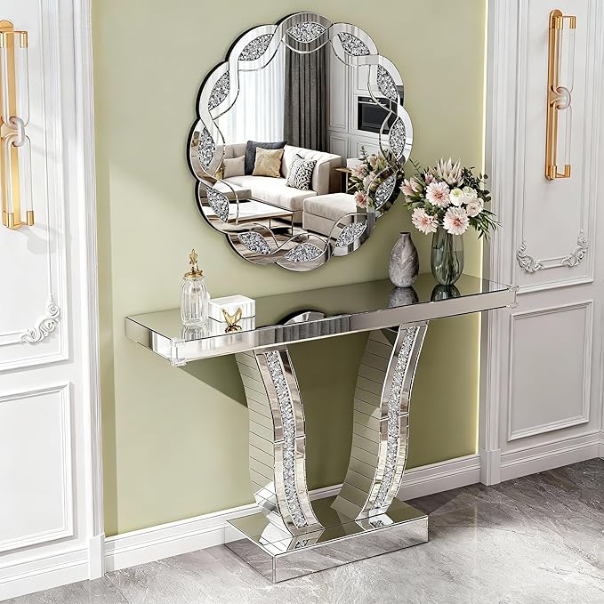 SSLine Modern Mirrored Entryway Table with Round Wall Mirror Set of 2 Luxury Silver Mirror Console Table with 31.5" Wave Frame Decor Mirror,Crush Diamond U-Shape Hallway Table for Living Room Entrance