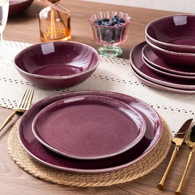 AmorArc Ceramic Dinnerware Sets,Handmade Reactive Glaze Stoneware Plates and Bowls Sets,Highly Scratch Resistant | Dishwasher & Microwave Safe Dishes Set,Service for 4 (12pc)