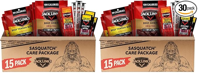 Jack Link's Beef Jerky Variety Pack Gift Basket Assorted Jerky, Steaks, and Meat Sticks - Ready to Eat Protein Snacks - Made with 100% Real Beef - Valentine's Day Gift for Him, 15 Count (Pack of 2)