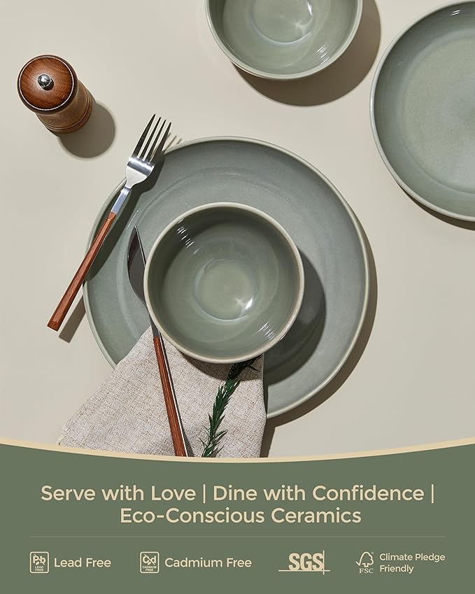 Pokini 32 Piece Double Bowl Dinnerware Sets with Pasta Bowls, Highly Chip and Crack Resistant Plates and Bowls Sets, Natural Earthyware Ceramic Dishware Sets, Service for 8 Gradient Green