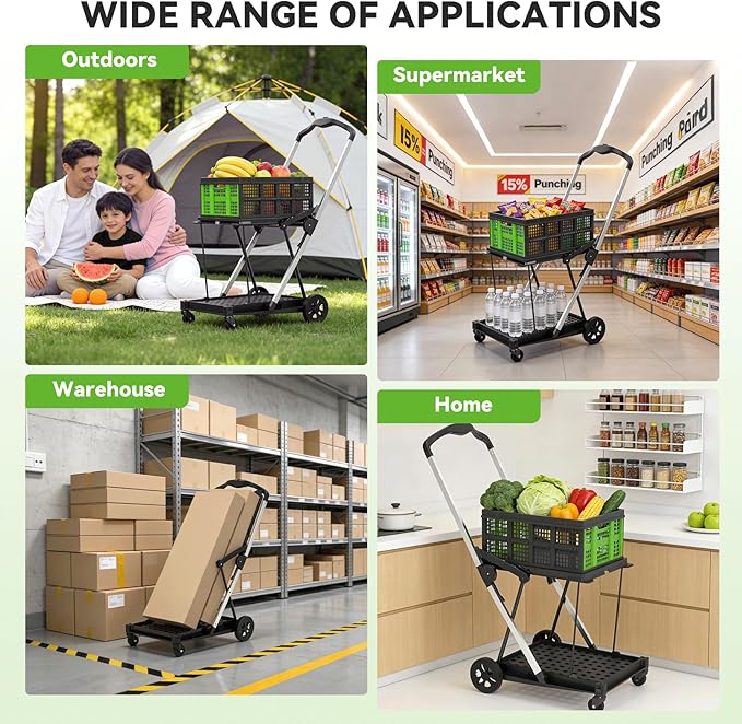 Collapsible Shopping Cart with Wheels,2 Tier Multi Use Foldable Shopping Cart with 2 Storage Crates,Folding Shopping Trolley Utility Cart for Office,Groceries, Warehouse,Supermarket,Picnic (Green)