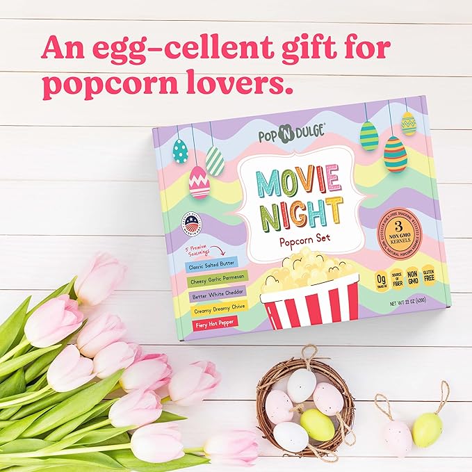 Easter Basket Stuffers Movie Night Popcorn Gift Set, Gourmet Popcorn Seasoning Variety Pack and Kernels, 3 Color Kernels and 5 Flavorings, Non-GMO, Gluten Free, Family Easter Gifts For Teens, Kids, Adults, 10 Pack
