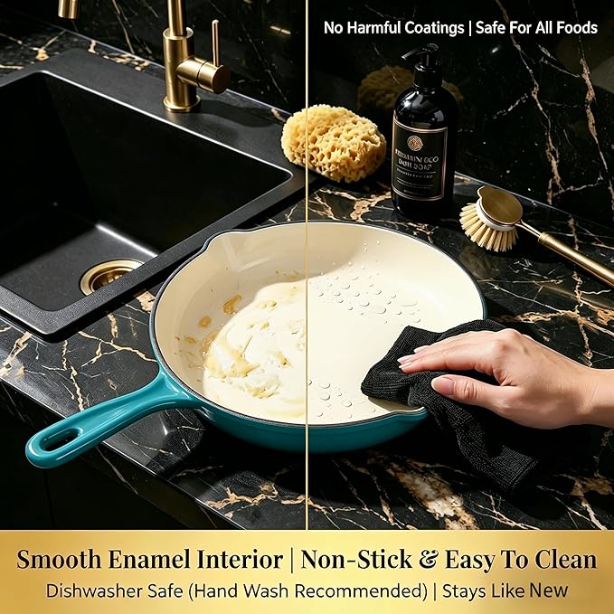 QuliMetal Enameled Cast Iron Cookware Set, 4-Piece Pots and Pans Set with Lids, 10.25" Skillet, 2QT Saucepan, 2.8QT & 4.8QT Dutch Ovens, Oven Safe to 500°F, All Stovetops Compatible - Teal