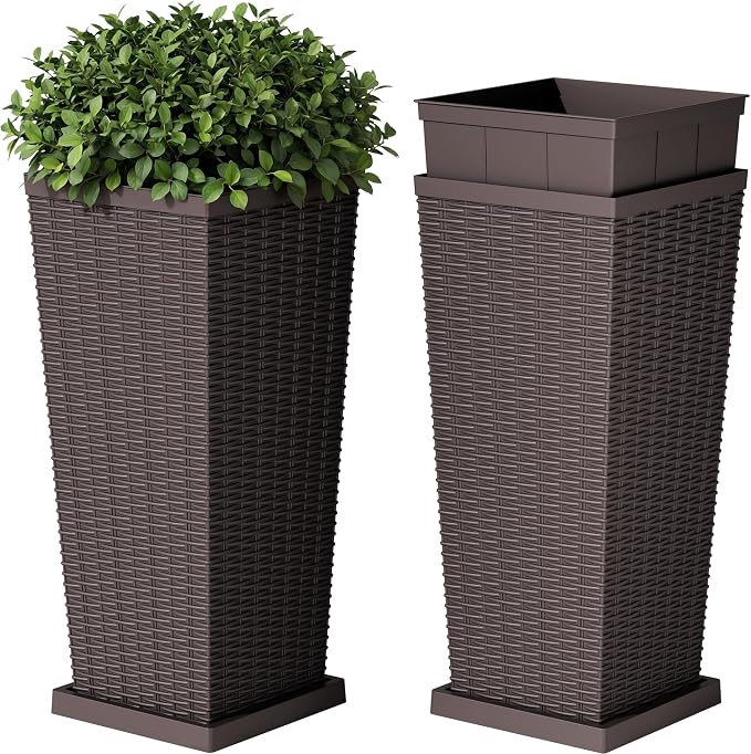 Devoko Resin Tall Planters for Outdoor Plants Set of 2, Large Taper Outdoor Planter Pots with 4 Drainage Holes, Flower Pots Modern Decor for Porch, Patio, Backyard, Garden(Brown, 24'' with Trays)