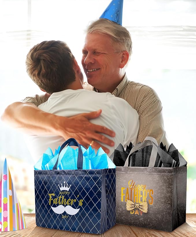 Jaywayang 2PCS 12.6" Happy Father's Day Gift Bag with Tissue Papers and Card, Large Reusable Non-Woven Fathers Day Bags with Handle for Men, Husband, Dad, Grandfather (Black, Blue)