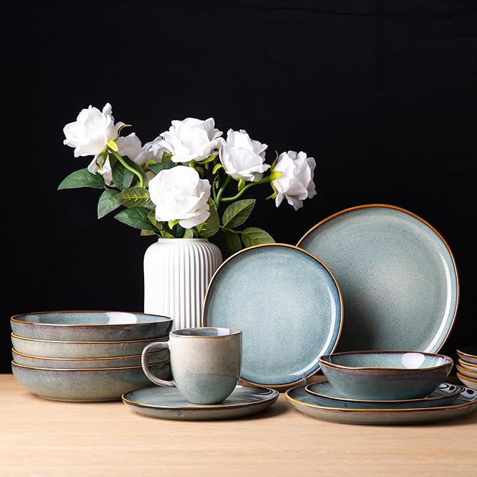 AmorArc Ceramic Dinnerware Sets,Handmade Reactive Glaze Stoneware Plates and Bowls Sets,Highly Scratch Resistant | Dishwasher & Microwave Safe Dishes Set,Service for 6 (18pc)