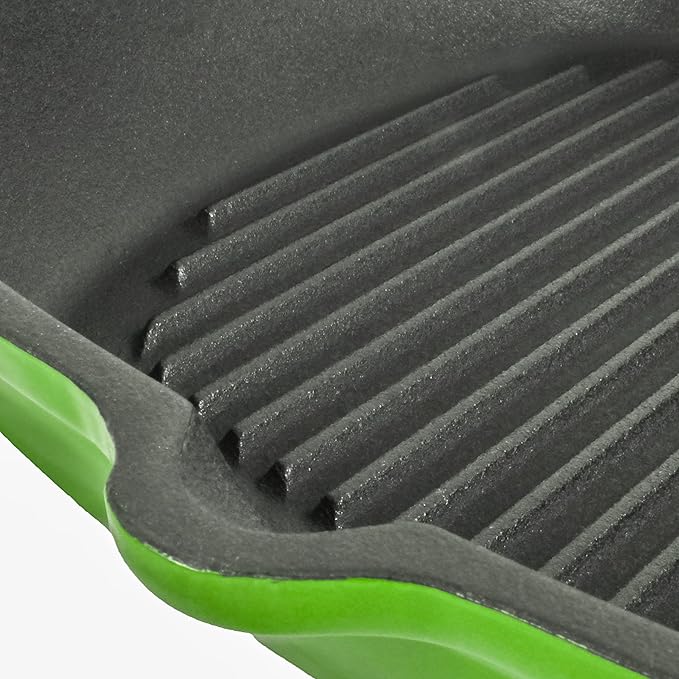 BergHOFF Neo 4Pc Enameled Cast Iron Cookware Set, Grill Pan 11 inches, Fry Pan 10 inches, 3qt. Dutch Oven, Matching Lid, Fast, Evenly Heat, Oven Safe (Green)