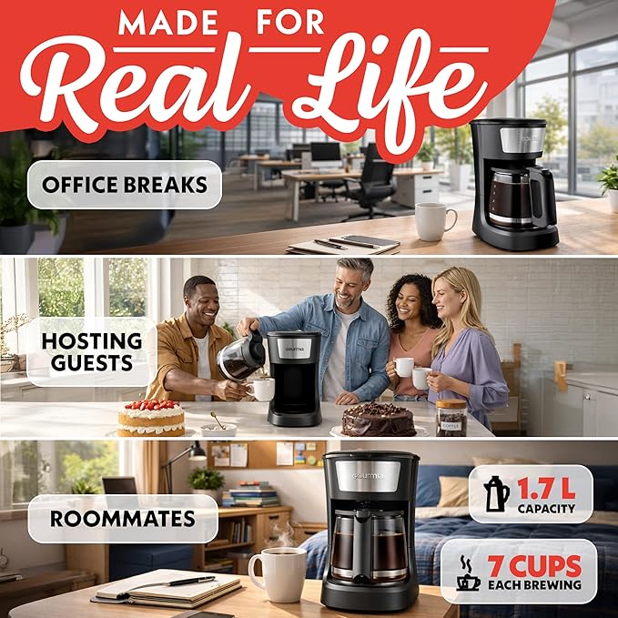 Gourmia 12 Cup One-Touch Coffee Maker – Pause and Serve with Automatic Keep Warm, Easy View Water Window, Compact Design, Stainless Steel Accents, Black