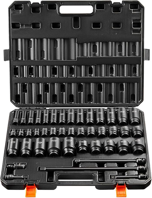 VEVOR Impact Socket Set 1/2" Socket Set 43 Piece Deep & Shallow SAE 3/8" to 1-1/2", 6 Point Cr-Mo Alloy Steel for Auto Repair, Easy-to-Read Size Markings, Rugged Construction, Storage Case