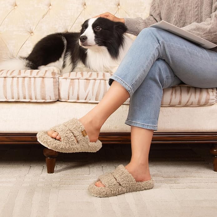 EverFoams Womens Fuzzy Open-toe Slippers Soft Comfy Memory Foam Indoor House Shoes