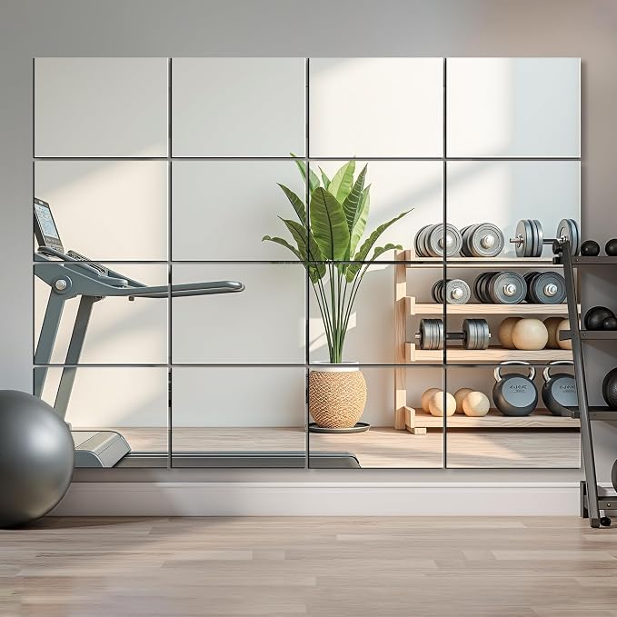 Home Gym Mirror Tiles, 16x12'', 16-Piece, Large Square Workout Mirrors | Full Body Wall Mirror, For Garage, Bedroom, Bathroom