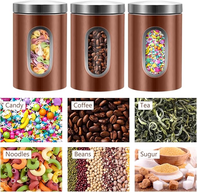 Canisters Sets for the Kitchen, 3pcs Sugar Flour Tea Coffee Storage Jars Stainless Steel Food Container Organizer for Kitchen Counter with Transparent Window (bronzy)