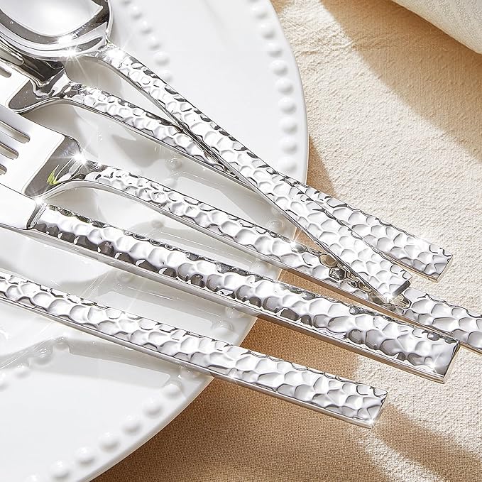 KINGSTONE 60 Piece Hammered Silverware Set, 18/10 Stainless Steel Flatware Set for 12, Cutlery Set for Home, Party, Wedding, Mirror Polished Dishwasher Safe