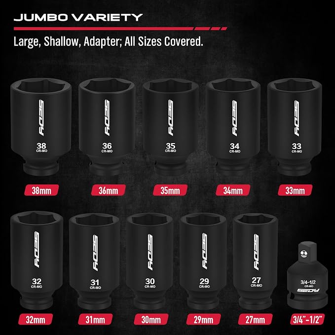 1/2 Drive Deep Impact Socket Set: 11-Piece Metric Size Wheel Axle Nut Wrench Metric Large Jumbo 27mm 29mm 30mm 31mm 32mm 33mm 34mm 35mm 36mm 38mm Spindle Joint High Torque Truck Bearing Locknut