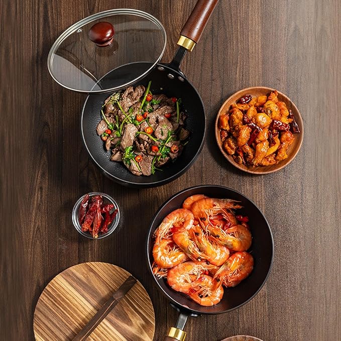 Frying pan Carbon Steel Wok Pan Skillet, Nonstick Stir Fry Pan with Lid and Wooden Handle, Multi-Functional Cooking Pan for Gas Stoves,24cm/9.5in(24cm/9.5in)