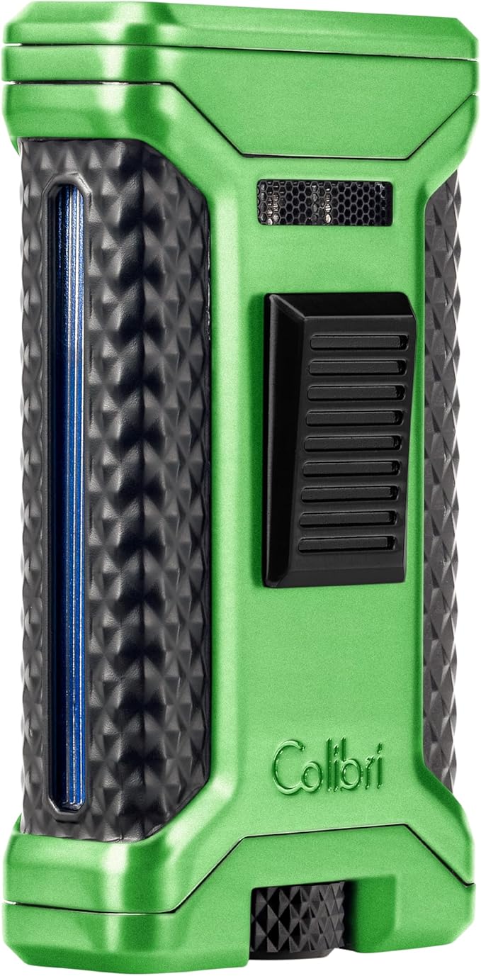 Colibri Ascari Triple Jet Torch Lighter, Windproof & Uses Butane Refill, Cigar Enthusiast's Choice with Integrated Punch, Blue Fuel Window, and Adjustable Flame (Metallic Green + Black)