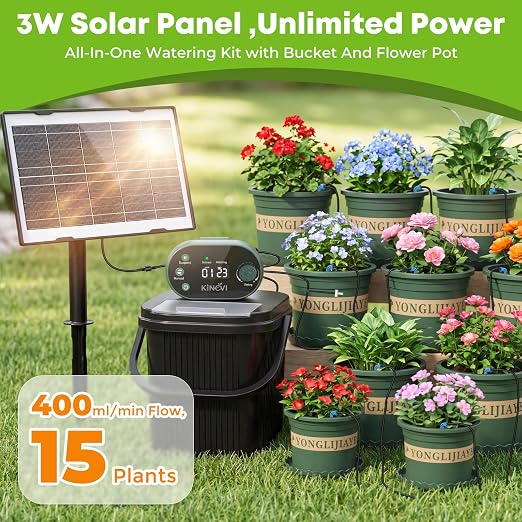 Solar Drip Irrigation System Kit, Auto Plant Waterer for 15 Pots | 3W Solar DIY Watering Device with Bucket & Flower Pots Included, 22 Programmable Timer Modes, Anti-Siphon