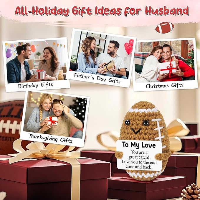 BiuNiuring Birthday Gifts for Him Her Boyfriend Girlfriend, to My Love Fathers Day Handmade Crochet Football, Cute Anniversary Present for Him, Mini Romantic I Love You Gifts for Husband Wife Couple