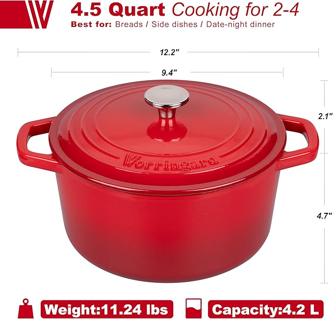 VORRINGARD Enameled Cast Iron Dutch Oven Pot with Lid, for Bread Baking, Round Bread Oven- include Sourdough Bread Baking Supplies Set, 4.5QT, Red