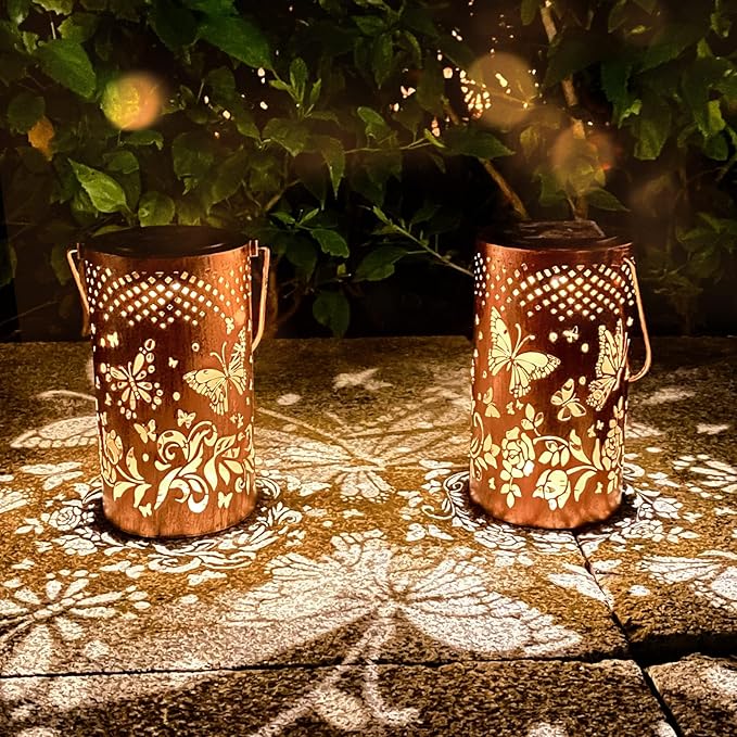 Mothers Day Gifts, 2 Pack Butterfly Birthday Gifts for Women Mom Grandma Solar Lanterns Outdoor Waterproof Garden Decor Hanging LED Decorative Light for Patio Yard Lawn Gardening Gifts