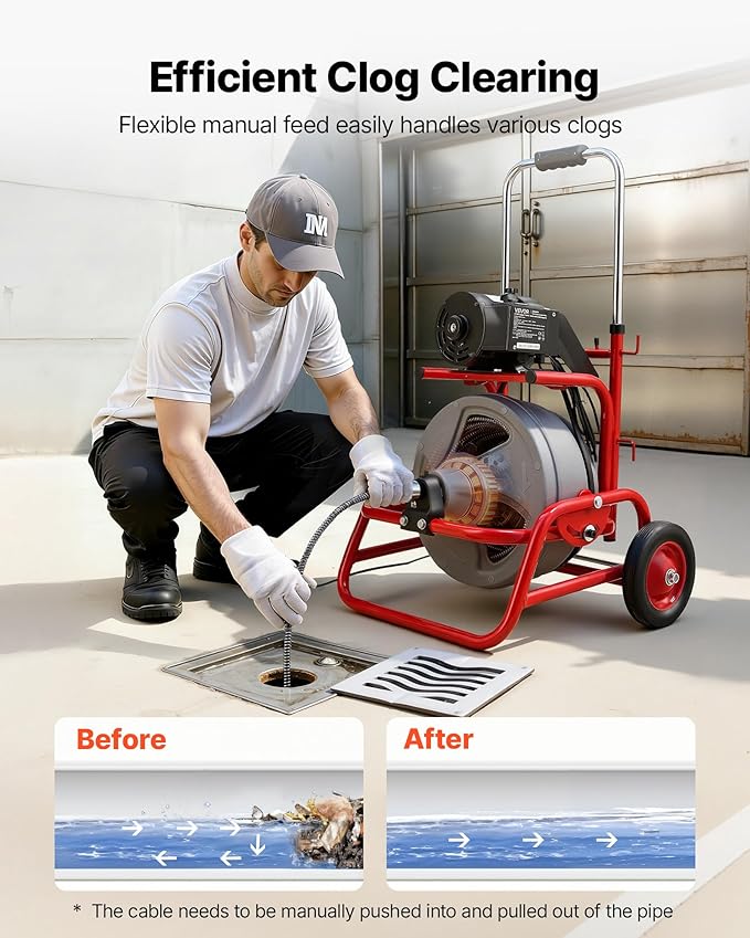 VEVOR Drain Cleaner Machine 75 FT x 3/8 Inch, Sewer Snake Auger on Wheels, Manual Feed Drain Cleaning Machine with Adjustable Drum Angle, 6 Cutters & Air-activated Foot Switch for 2" to 4" Pipes