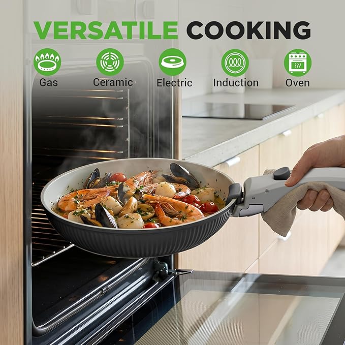 NutriChef 18-Piece Ceramic Cookware Set with Detachable Handles, Space-Saving Nonstick Pots, Pans & Lids, Oven-Safe Bowls, Stackable Storage, Includes Cooking Utensils & Accessories (Gray)