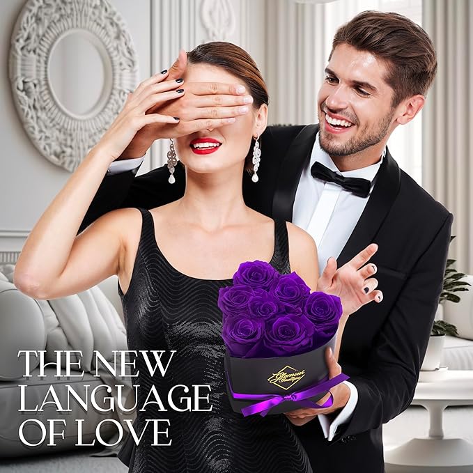 GLAMOUR BOUTIQUE 7 Flower Forever Heart Shape Box, for Mom, Eternal Preserved Roses Gift for Her, Him, Lasting Flowers Bouquet, for Birthday, Anniversary, Purple (Color-Treated)