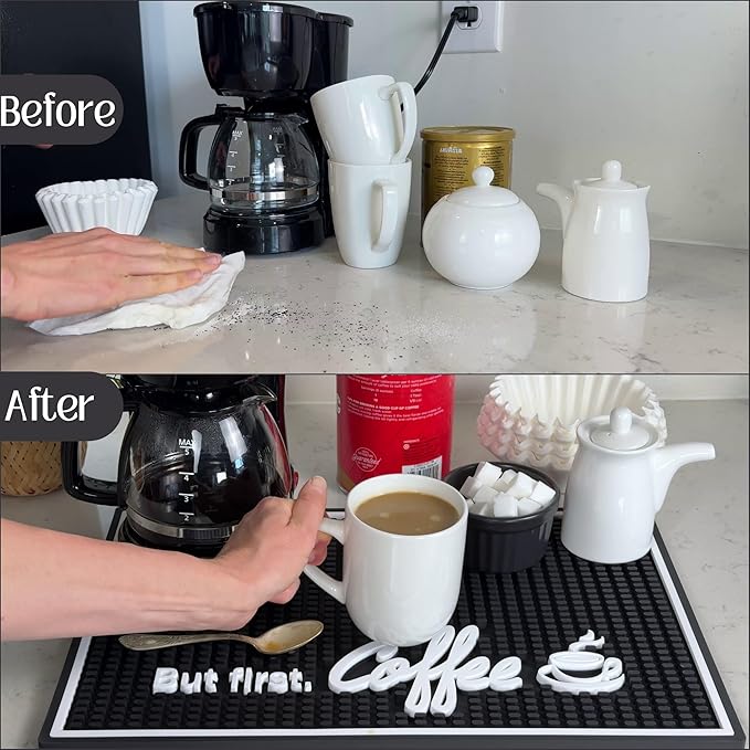 But First Coffee Silicone Bar Mat for Countertop 18x12 in, Coffee Lover Gift, Housewarming Gift, Non-Slip Espresso Machine Mat, Barista Accessories, Bar Decor