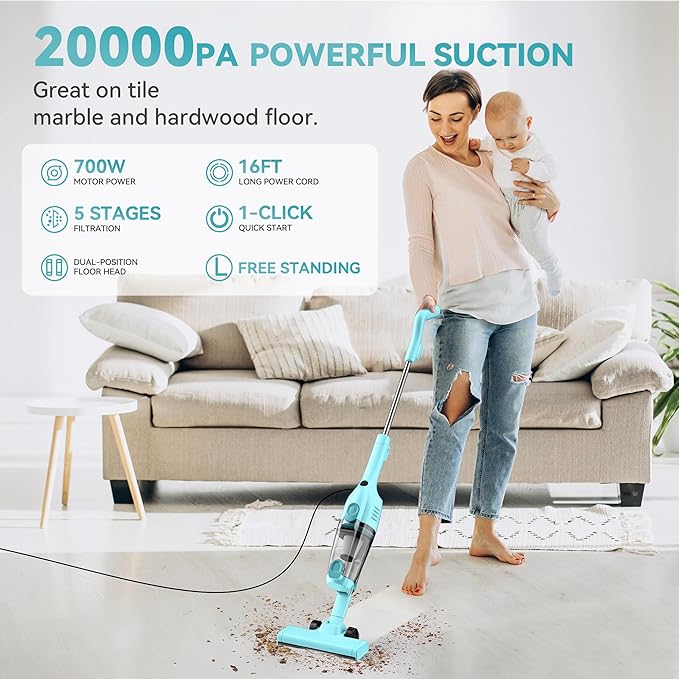 Vazone R6X Corded Stick Vacuum Cleaners for Home, 20Kpa Powerful Suction Stick Vacuum with 16Ft Cord, 2 in 1 Lightweight Handheld Vacuum Cleaner for Hardwood Floor Pet Hair