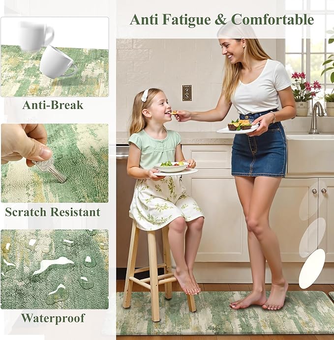 Collive Kitchen Mats for Floor Anti Fatigue, Green Abstract Non Skid Kitchens Sink Rug 2 Piece Waterproof, Memory Foam Comfort Standing Mat for Laundry, Desk, Home Office, 20" x 47" + 20" x 32"