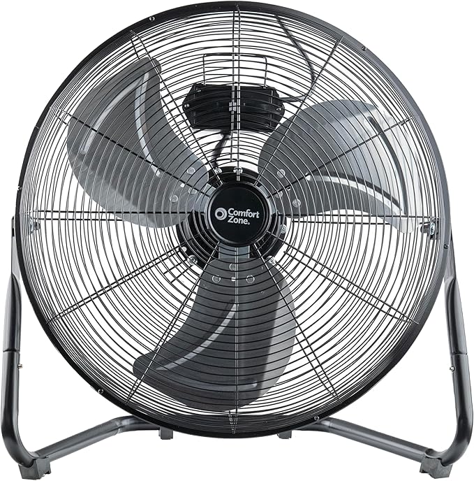 Comfort Zone 20-Inch High-Velocity Industrial Floor Fan, Heavy-Duty 3-Speed Metal Shop Fan with 180° Adjustable Tilt & Carry Handle, Quiet Vibration-Free Cooling for Garage, Workshop, & Home