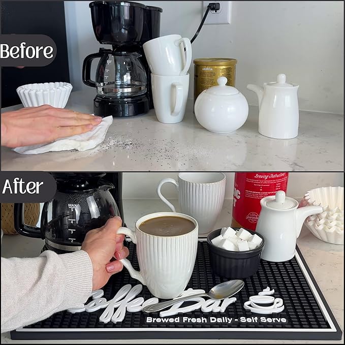 Brewed Fresh Daily Silicone Coffee Bar Mat 18x12 in, Self Serve Coffee Station Sign Mat, Hostess Gift, Farmhouse Kitchen Decor, Non-Slip Espresso Machine Mat, Barista Accessories