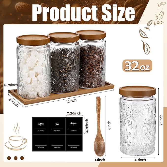 3 Pcs Glass Coffee Container Set with Wooden Lid Spoon Shelf Labels Clear Sugar Tea Airtight Jar Food Storage Canisters Set for Spice Holder Coffee Bar Gifts(Sunflower,32 oz)