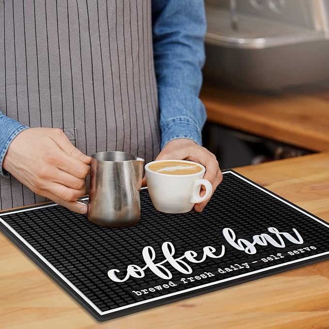 New Mungo Coffee Bar Mat – “Coffee Bar - Brewed Fresh Daily - Self Serve” – Spill-Proof PVC Coffee Station Mat, Non-Slip Countertop Protector 18"x12"
