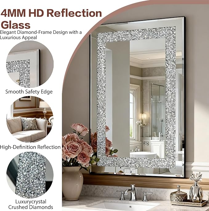 SSLine Modern Mirrored Entryway Table with Rectangle Wall Mirror Set of 2 Luxury Silver Mirror Console Table with 36x24inch Decor Mirror,Crush Diamond U-Shape Hallway Table for Living Room Entrance