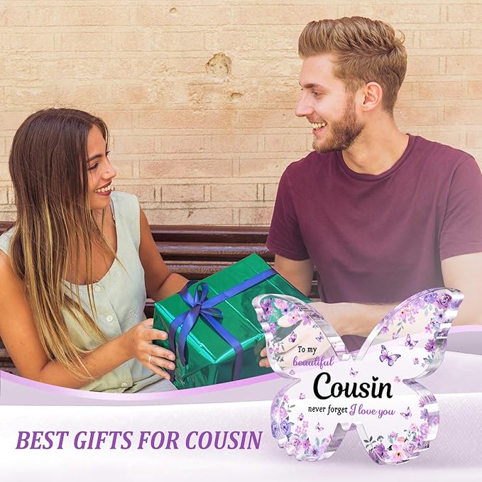 Cousin Gifts for Women, Unique Purple Butterfly Acrylic Plaque Desk Decor, Mothers Day Christmas Birthday Gift for Cousin female - 5 x 3.8 x 0.5 inches