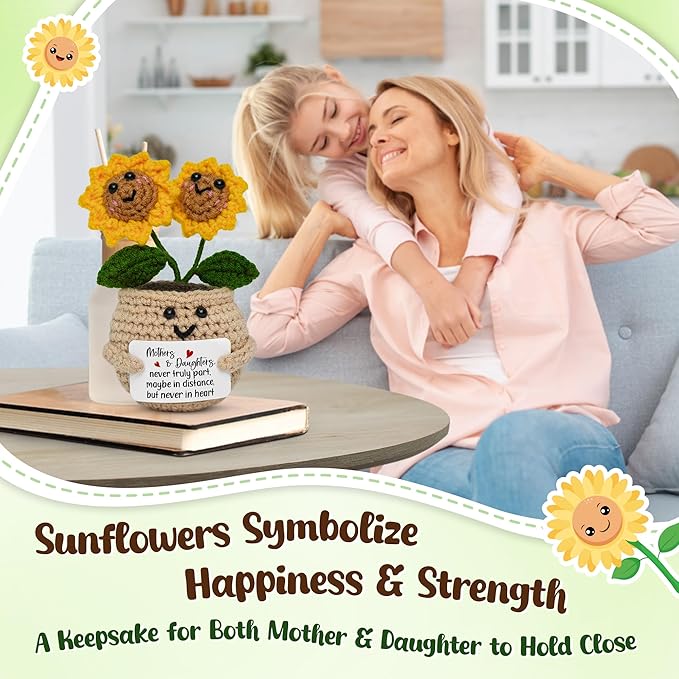 OASSIE Gifts for Mom from Daughter - Handmade Emotional Support Crochet Sunflower with Card - Long Distance Mothers Day Birthday Gifts for Mom, Mother Daughter Gift Ideas, Mama Gift