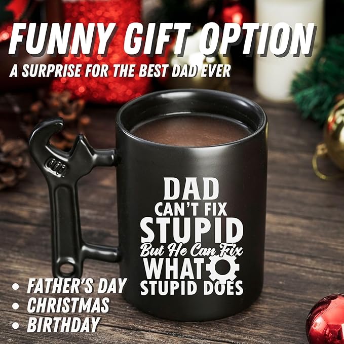 Onebttl Dad Gifts Coffee Mug with Wrench Spanner Handle, Gifts for Dad from Daughter and Son, 13.5oz Funny Ceramic Mug for Father on Birthday, Father's Day, Christmas - Dad Can't Fix Stupid