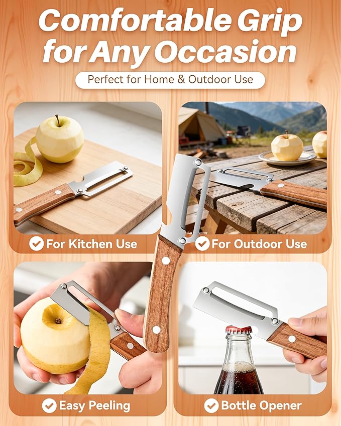 Wooden Kitchen Tool, Multifunctional Vegetable Peeler 2-in-1 with Bottle Opener, Ultra-Sharp Curved Blade, Multi Functional Vegetable Peeler Non-slip Handle for Vegetables or Fruits (1)