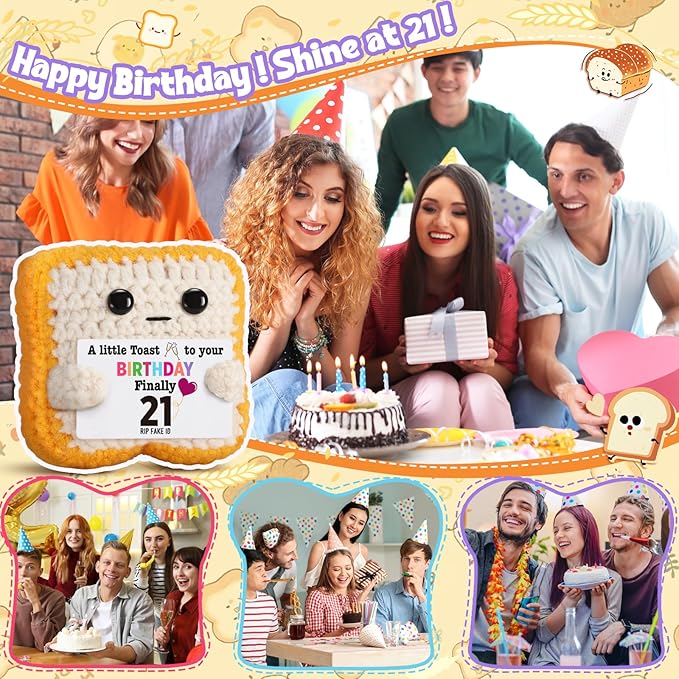 Finally 21 - Funny 21st Birthday Gift for Her Him - Crochet Toast with 'RlP Fake ID' Gag Message - Unique Adult Birthday Decor & Keepsake for Daughter, Son, Friend, Sister female Male From Mom Dad