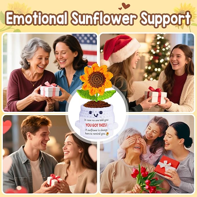 Qunland Get Well Gifts for Women Men, Inspirational Positive Sunflower Emotional Support Crochet - Mothers Day Birthday Galentines Graduation Cheer Up Gifts for Teens Students Coworker Best Friends